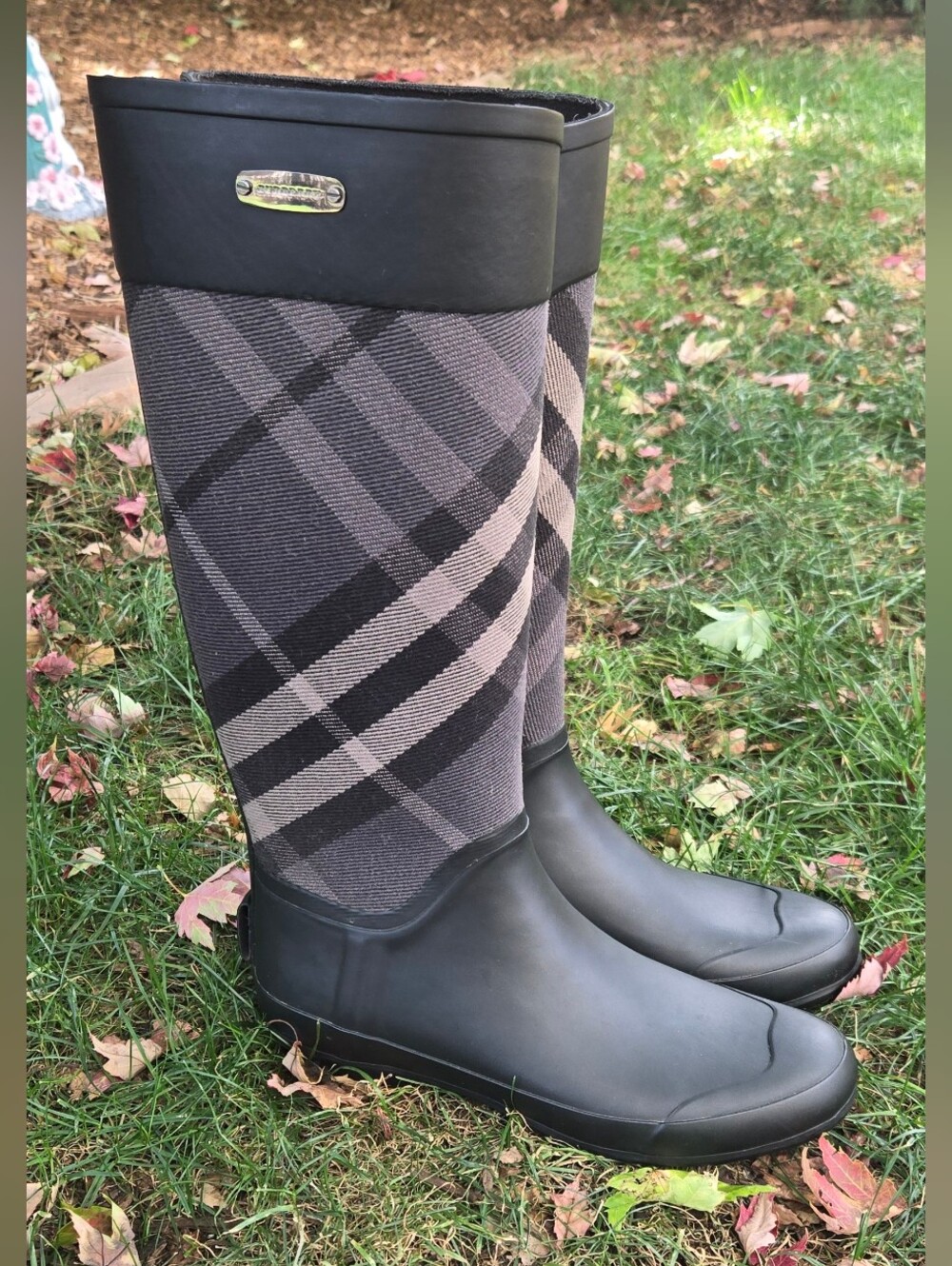 BURBERRY  Black and Gray Plaid Tall Rain Boots * Like New Condition
